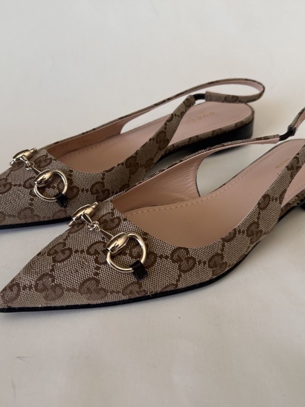 Gucci Beige Brown GG Canvas Pointed Toe Slingback Flats - Picture 5 of 8